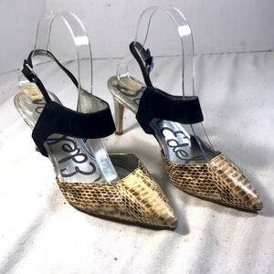 Sam Edelman Women’s Ola Snakeskin Print Leather Slingback Pointy Toe Heels Shoes